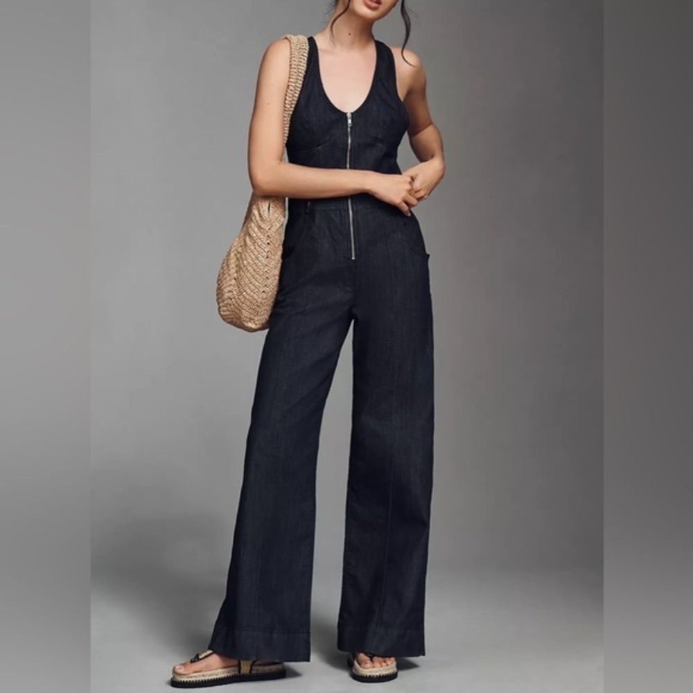 Maeve Sleeveless V-Neck Flare Denim Jumpsuit